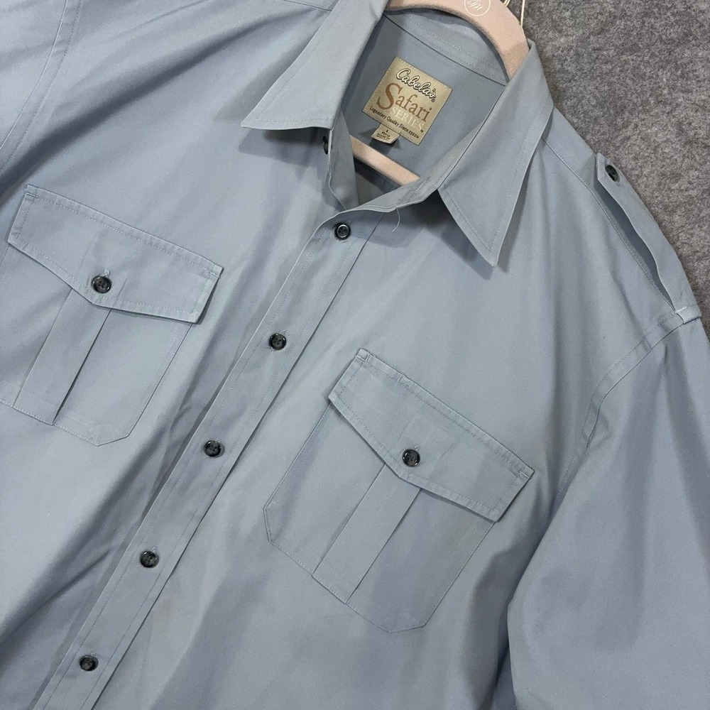 Cabelas Safari Series Shirt Mens Sz L Blue Long Sleeve Epaulets Pockets Hunting